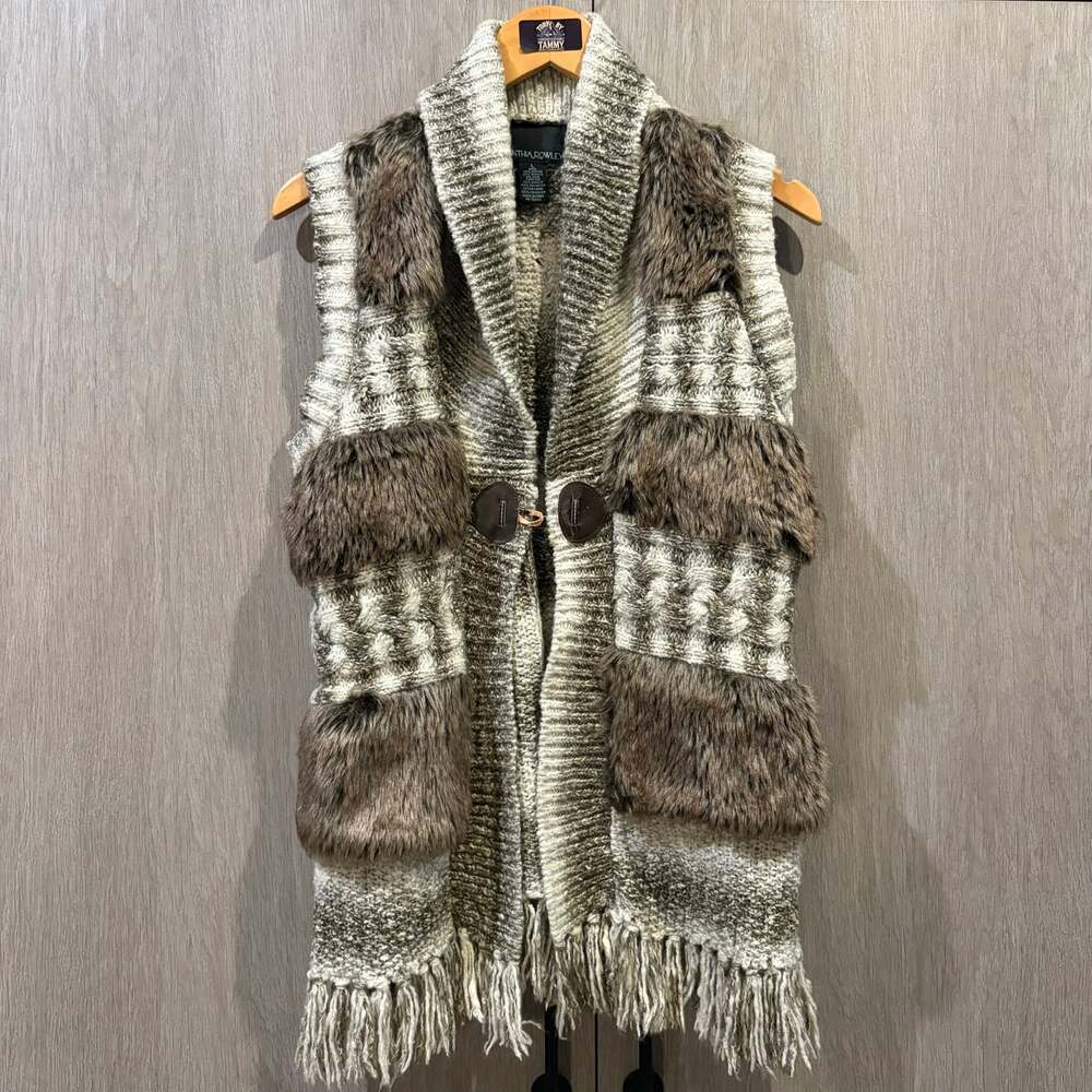 Vintage Cynthia Rowley Faux Fur Patchwork Cable Knit Fringe Vest Size L